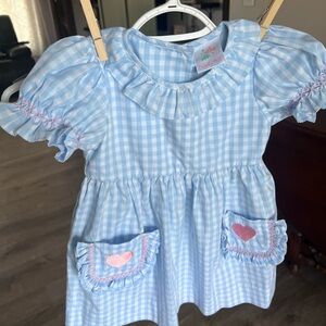 Stitchy Fish-Blue Gingham Baby Dress with Heart Pockets